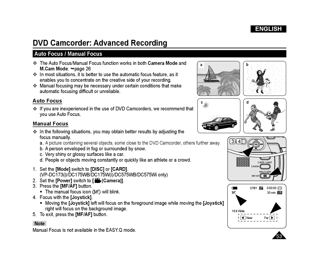 Samsung VP-DC575WB/XEU manual Auto Focus / Manual Focus, M.Cam Mode. page, DVD Camcorder Advanced Recording, English 