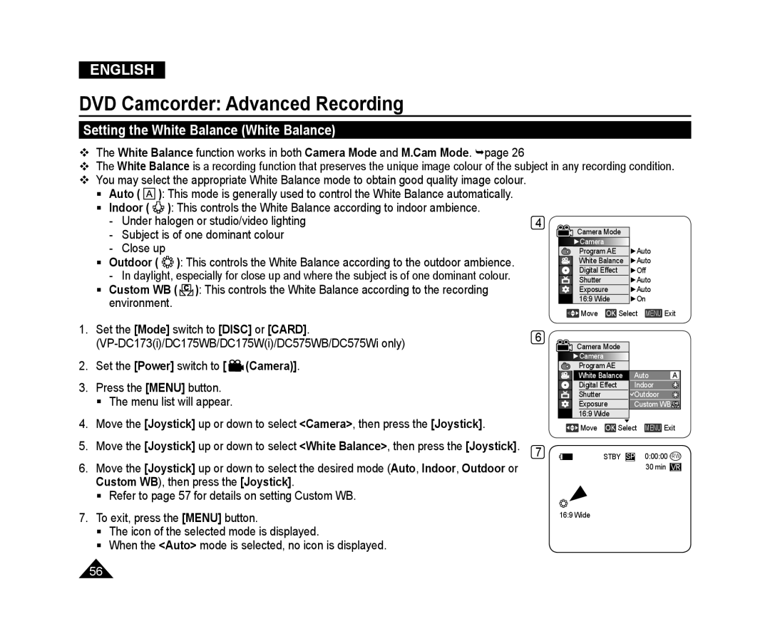 Samsung VP-DC171W/XEF manual Setting the White Balance White Balance, Outdoor, Custom WB, DVD Camcorder Advanced Recording 