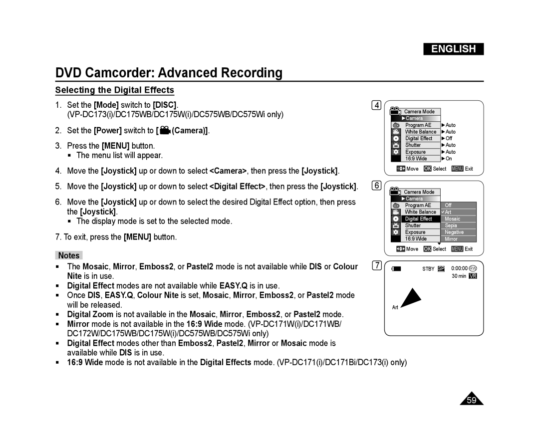 Samsung VP-DC171WH/XEF Selecting the Digital Effects, the Joystick, DVD Camcorder Advanced Recording, English, Camera 