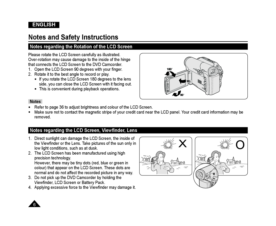 Samsung VP-DC171/BAT, VP-DC171W/KIT Notes and Safety Instructions, Notes regarding the Rotation of the LCD Screen, English 