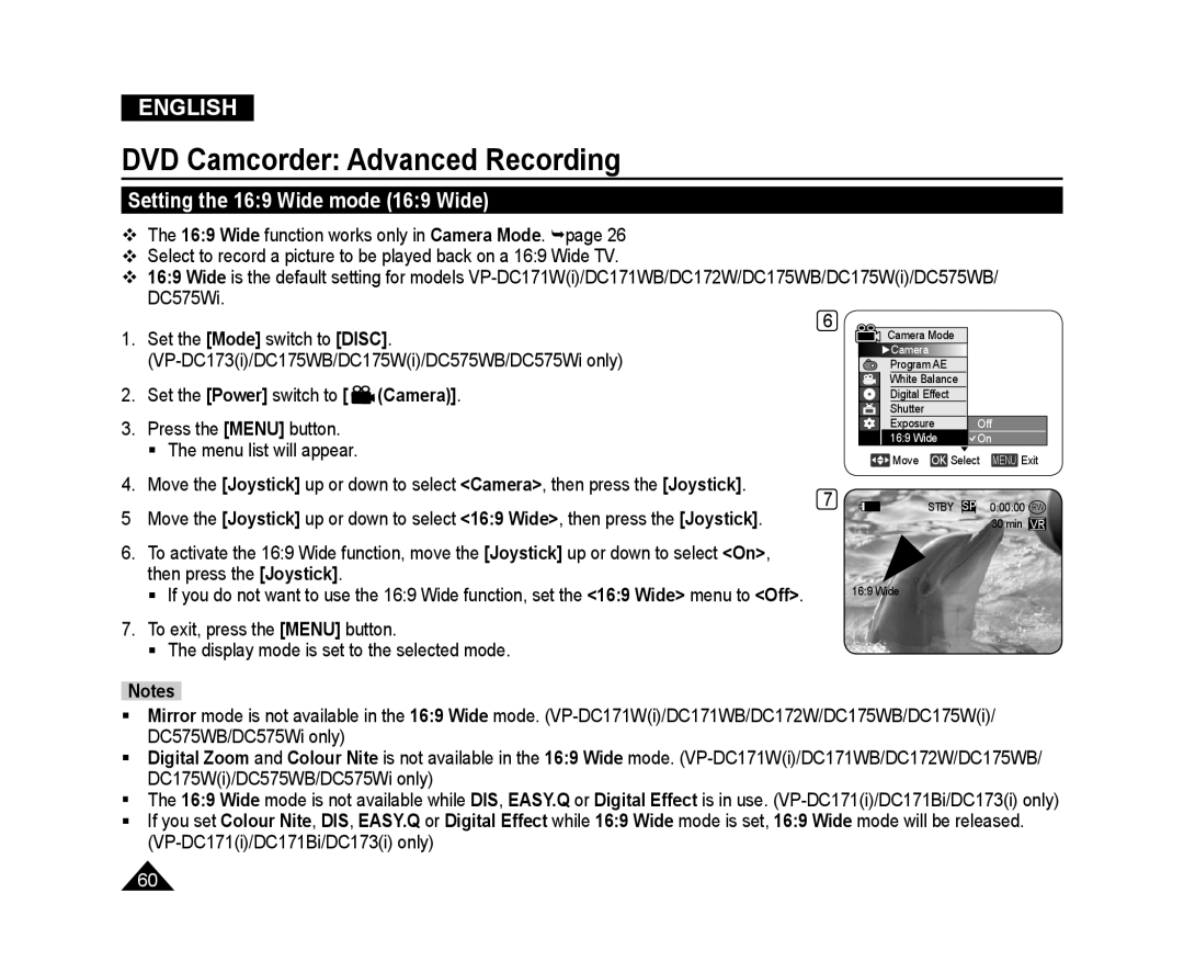 Samsung VP-DC171W/XEO, VP-DC575WB/XEF manual Setting the 169 Wide mode 169 Wide, DVD Camcorder Advanced Recording, English 