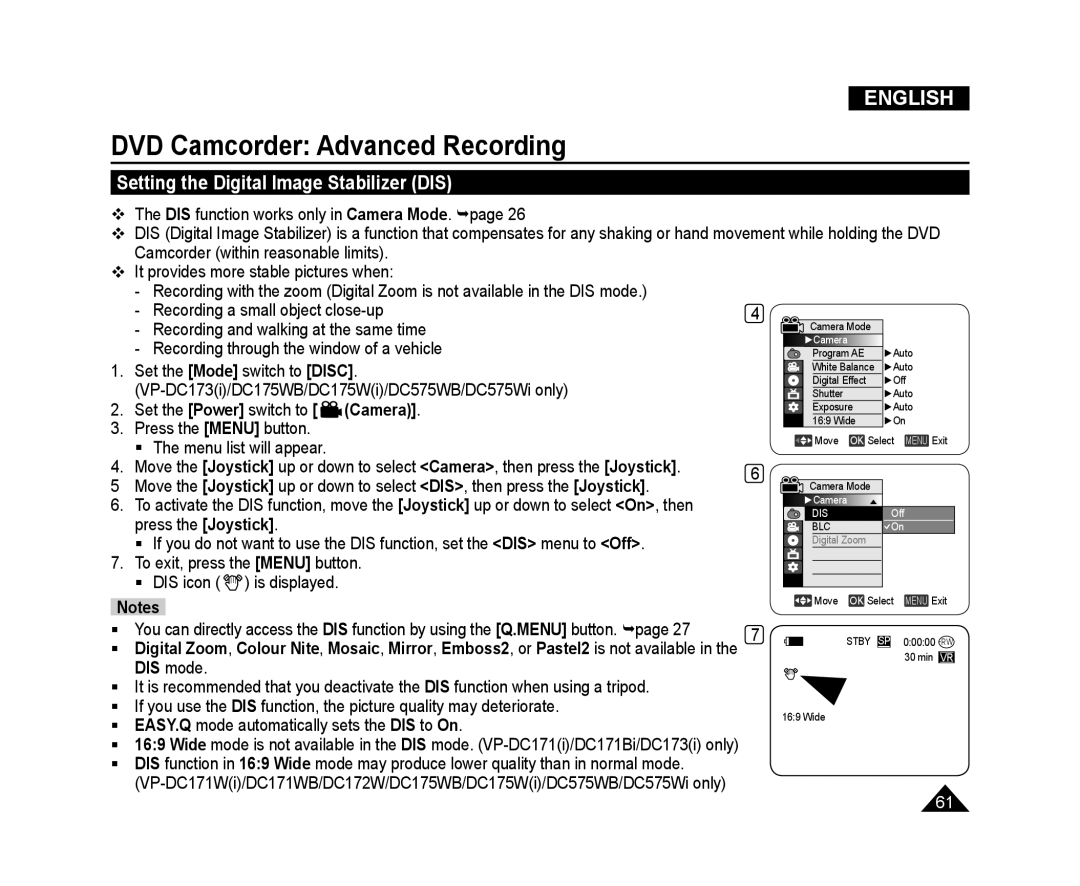 Samsung VP-DC171/XEE manual Setting the Digital Image Stabilizer DIS, DVD Camcorder Advanced Recording, English, Camera 