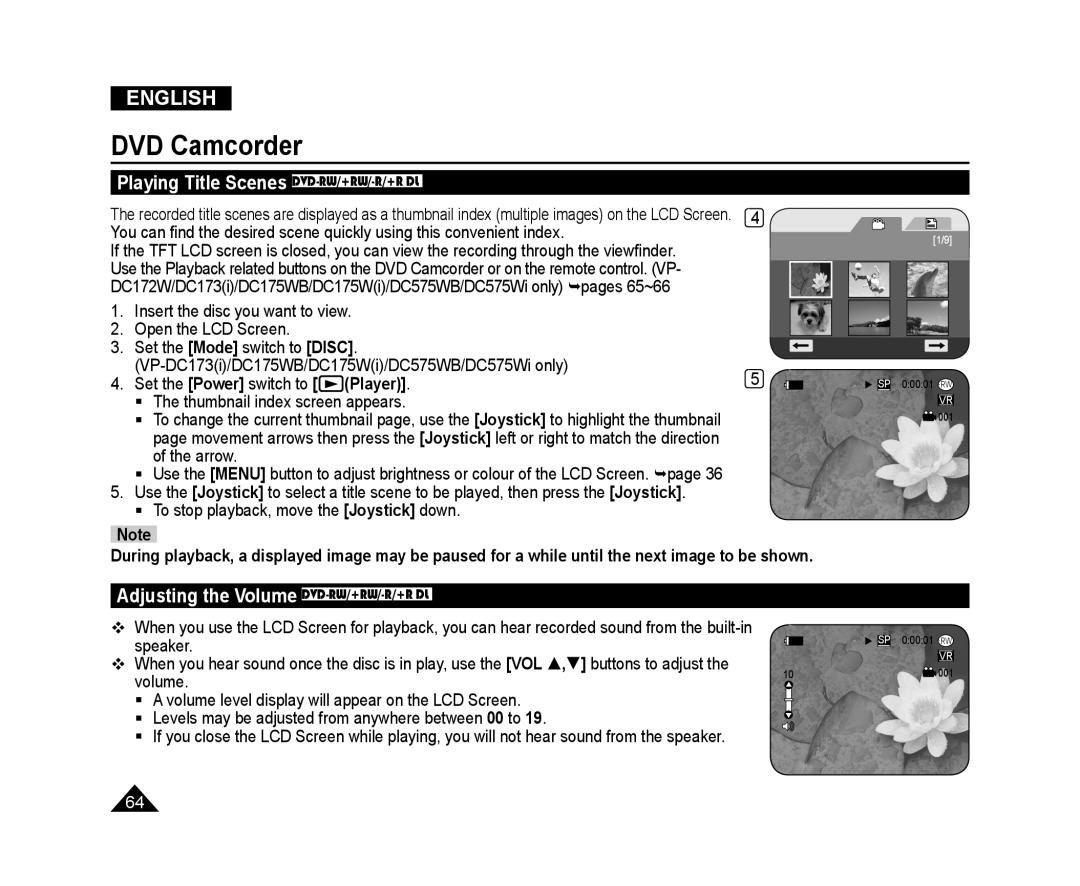 Samsung VP-DC171/XEO DVD Camcorder, Playing Title Scenes DVD-RW/+RW/-R/+R DL, Adjusting the Volume DVD-RW/+RW/-R/+R DL 