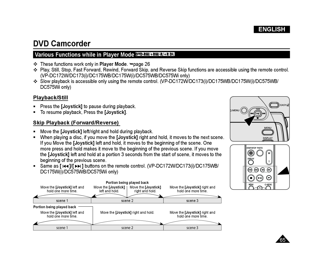 Samsung VP-DC171W/XEE Various Functions while in Player Mode DVD-RW/+RW/-R/+R DL, Playback/Still, DVD Camcorder, English 