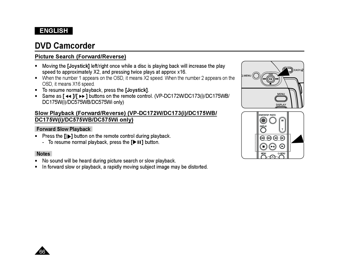 Samsung VP-DC173/XEO, VP-DC575WB/XEF manual Picture Search Forward/Reverse, Forward Slow Playback, DVD Camcorder, English 