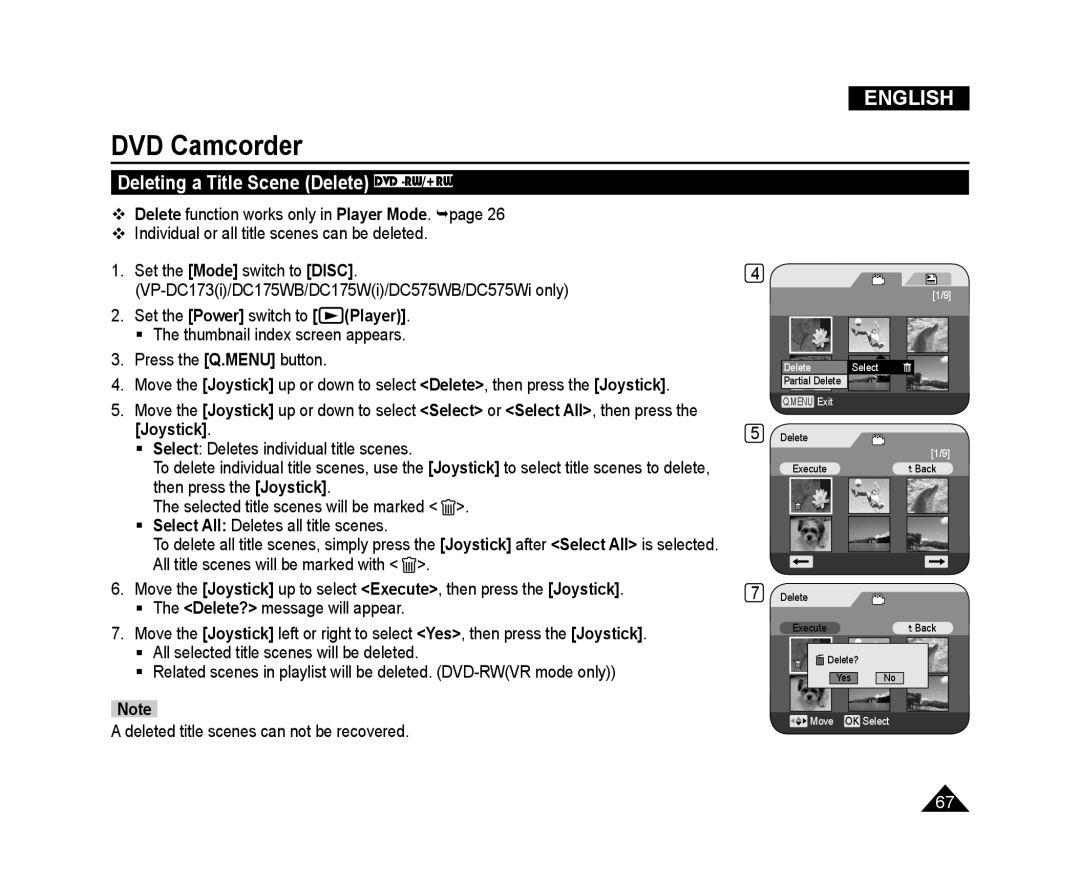 Samsung VP-DC173/AND Deleting a Title Scene Delete DVD -RW/+RW, Set the Power switch to Player, Joystick, DVD Camcorder 