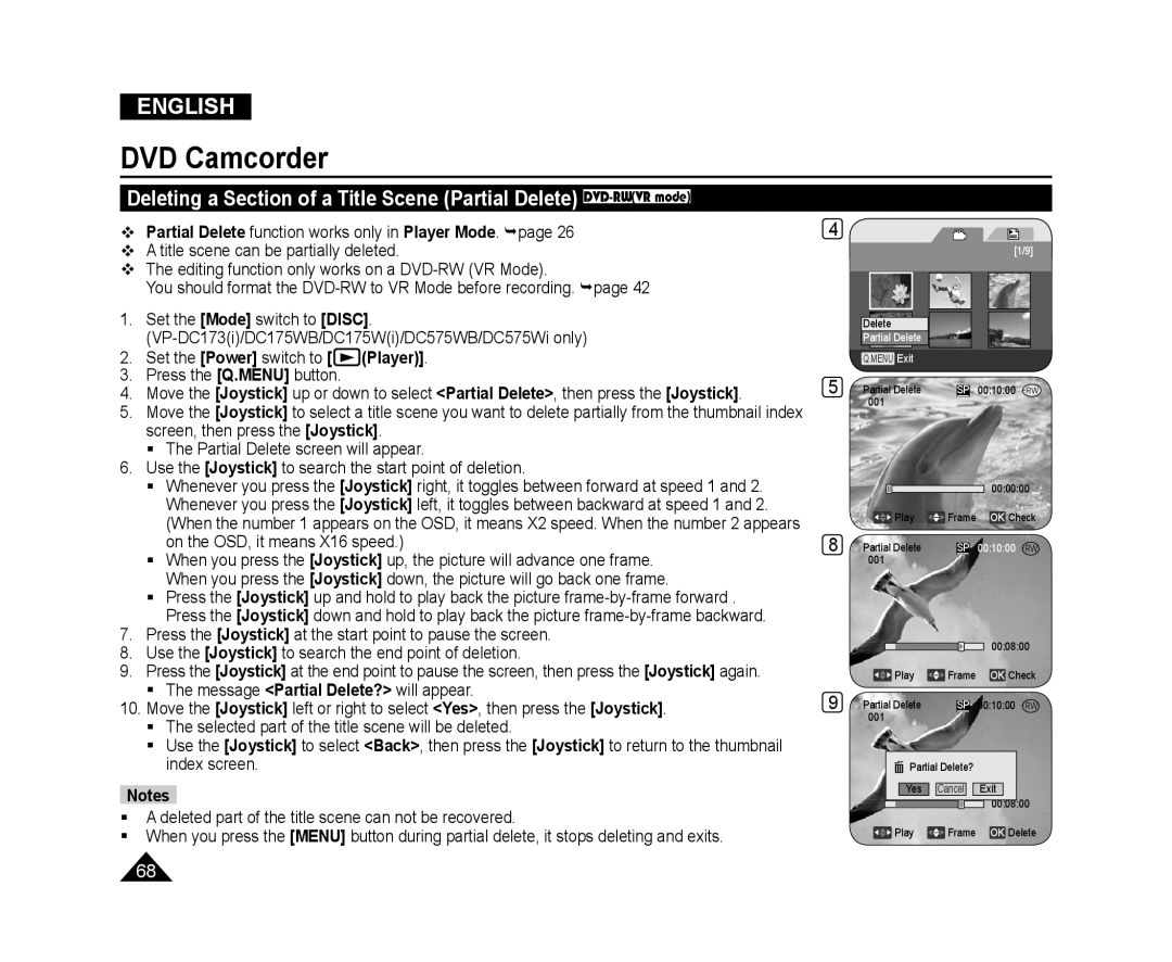Samsung VP-DC175WI/UMG manual Deleting a Section of a Title Scene Partial Delete DVD-RWVR mode, DVD Camcorder, English 