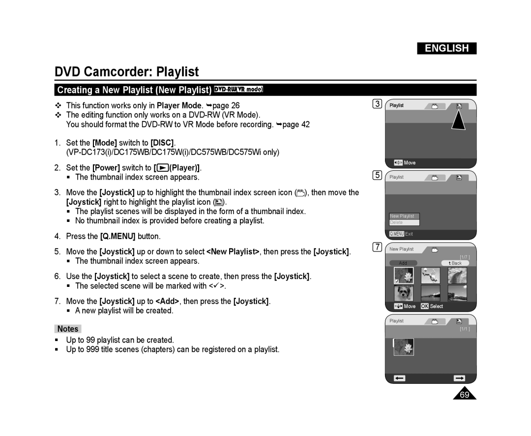 Samsung VP-DC175WB/AND, VP-DC575WB/XEF DVD Camcorder Playlist, Creating a New Playlist New Playlist DVD-RWVR mode, English 