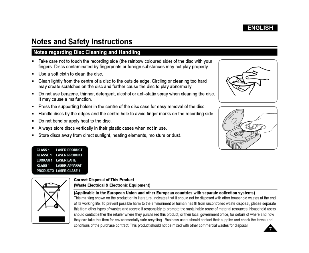 Samsung VP-DC171W/XEF, VP-DC575WB/XEF Notes regarding Disc Cleaning and Handling, Notes and Safety Instructions, English 