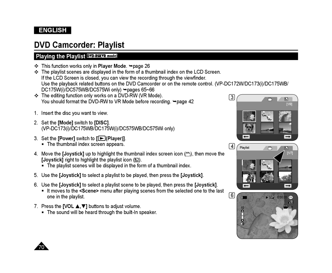 Samsung VP-DC575WI/HAC, VP-DC575WB/XEF, VP-DC175WB/XEF Playing the Playlist DVD-RWVR mode, DVD Camcorder Playlist, English 