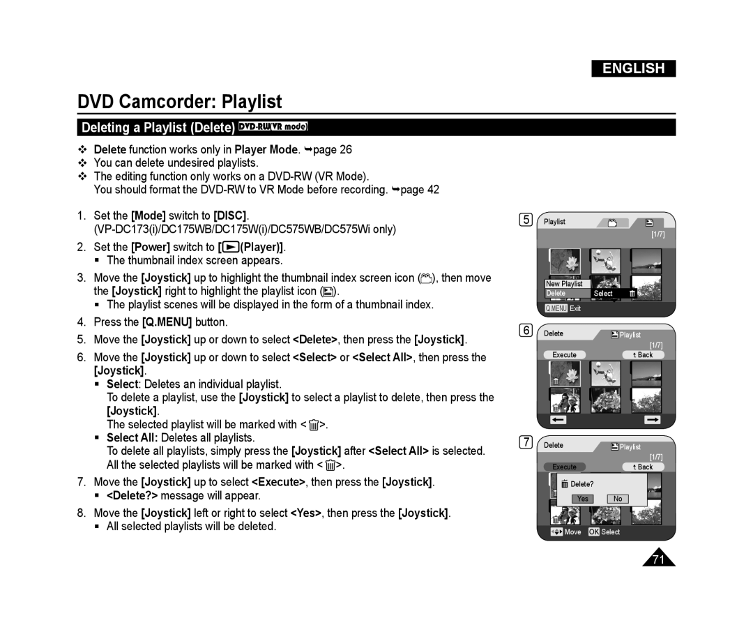 Samsung VP-DC171/AND, VP-DC575WB/XEF manual Deleting a Playlist Delete DVD-RWVR mode, DVD Camcorder Playlist, English 