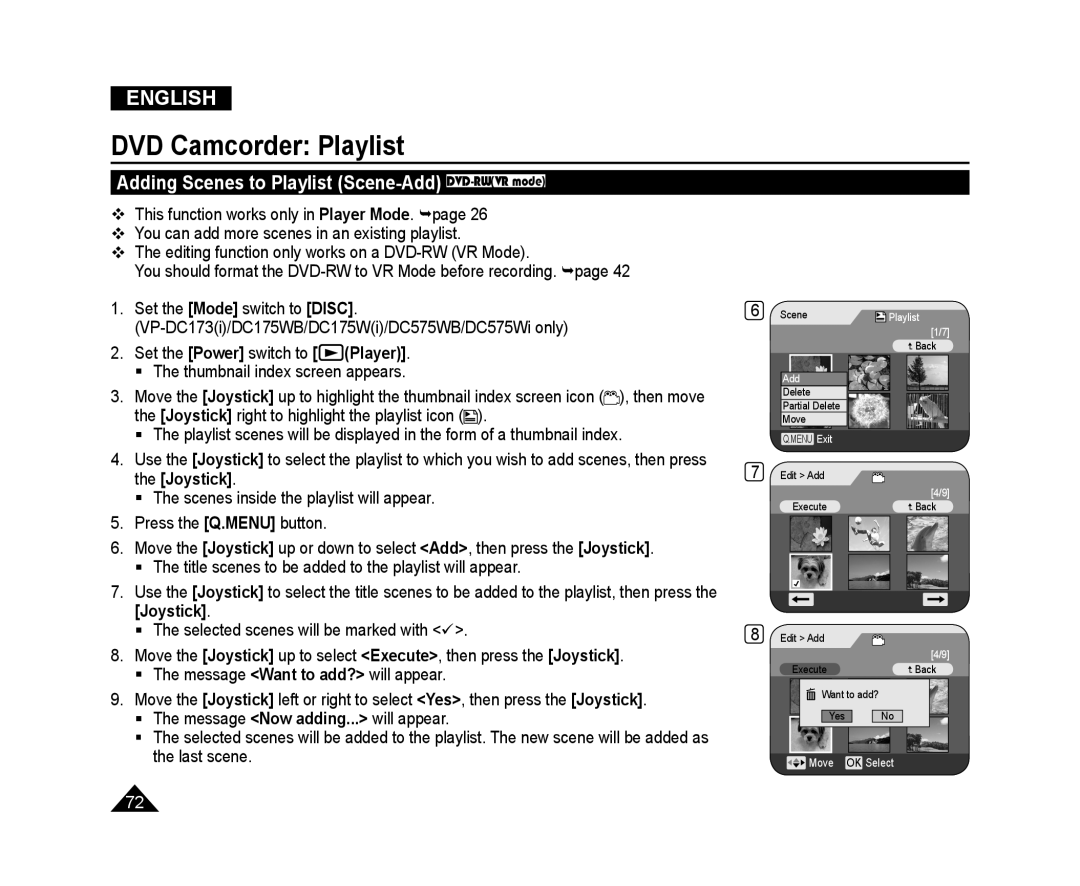 Samsung VP-DC575WI/MEA, VP-DC575WB/XEF Adding Scenes to Playlist Scene-Add DVD-RWVR mode, DVD Camcorder Playlist, English 
