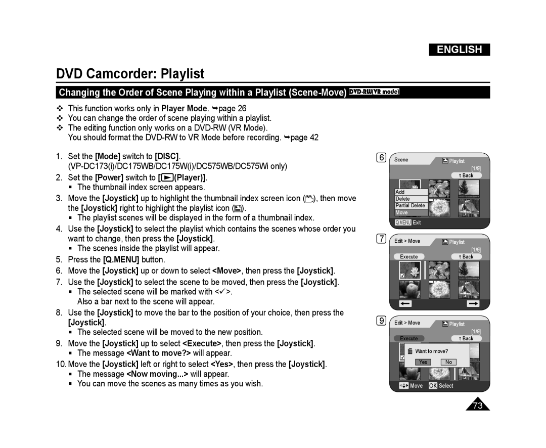 Samsung VP-DC171WI/HAC, VP-DC575WB/XEF, VP-DC175WB/XEF manual DVD Camcorder Playlist, English, Set the Power switch to Player 
