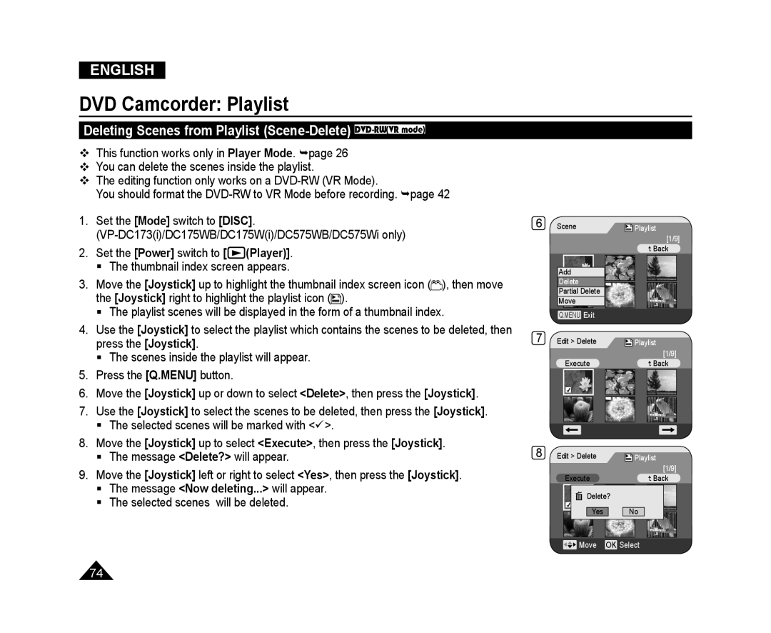 Samsung VP-DC175WI/HAC manual Deleting Scenes from Playlist Scene-Delete DVD-RWVR mode, DVD Camcorder Playlist, English 