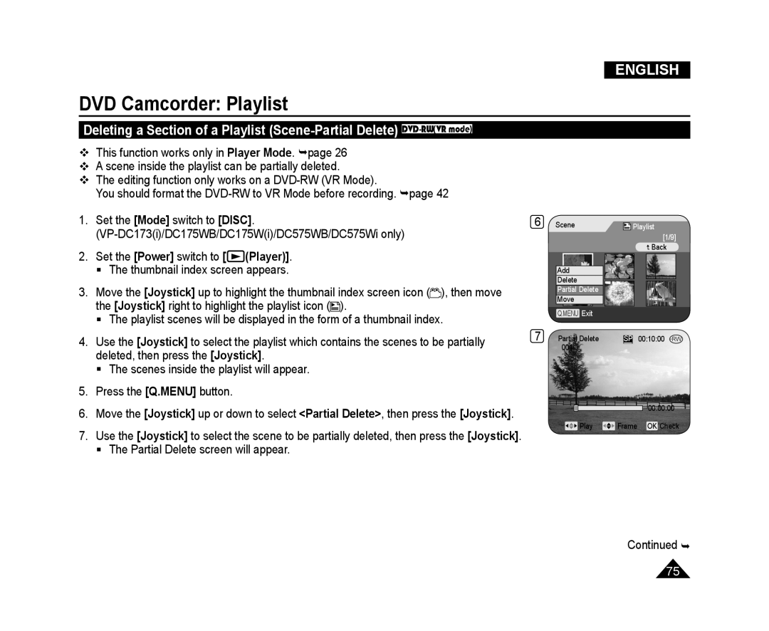 Samsung VP-DC171/KNT Deleting a Section of a Playlist Scene-Partial Delete DVD-RWVR mode, DVD Camcorder Playlist, English 