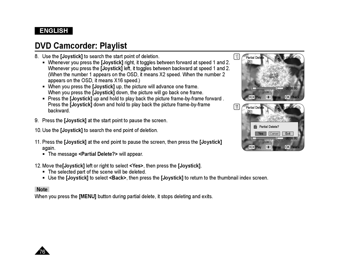 Samsung VP-DC171WB/CAN manual DVD Camcorder Playlist, English, Use the Joystick to search the start point of deletion 