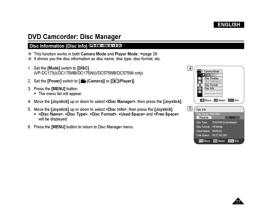 Samsung VP-DC171I/MEA, VP-DC575WB/XEF DVD Camcorder Disc Manager, Disc Information Disc Info DVD-RW/+RW/-R/+R DL, English 
