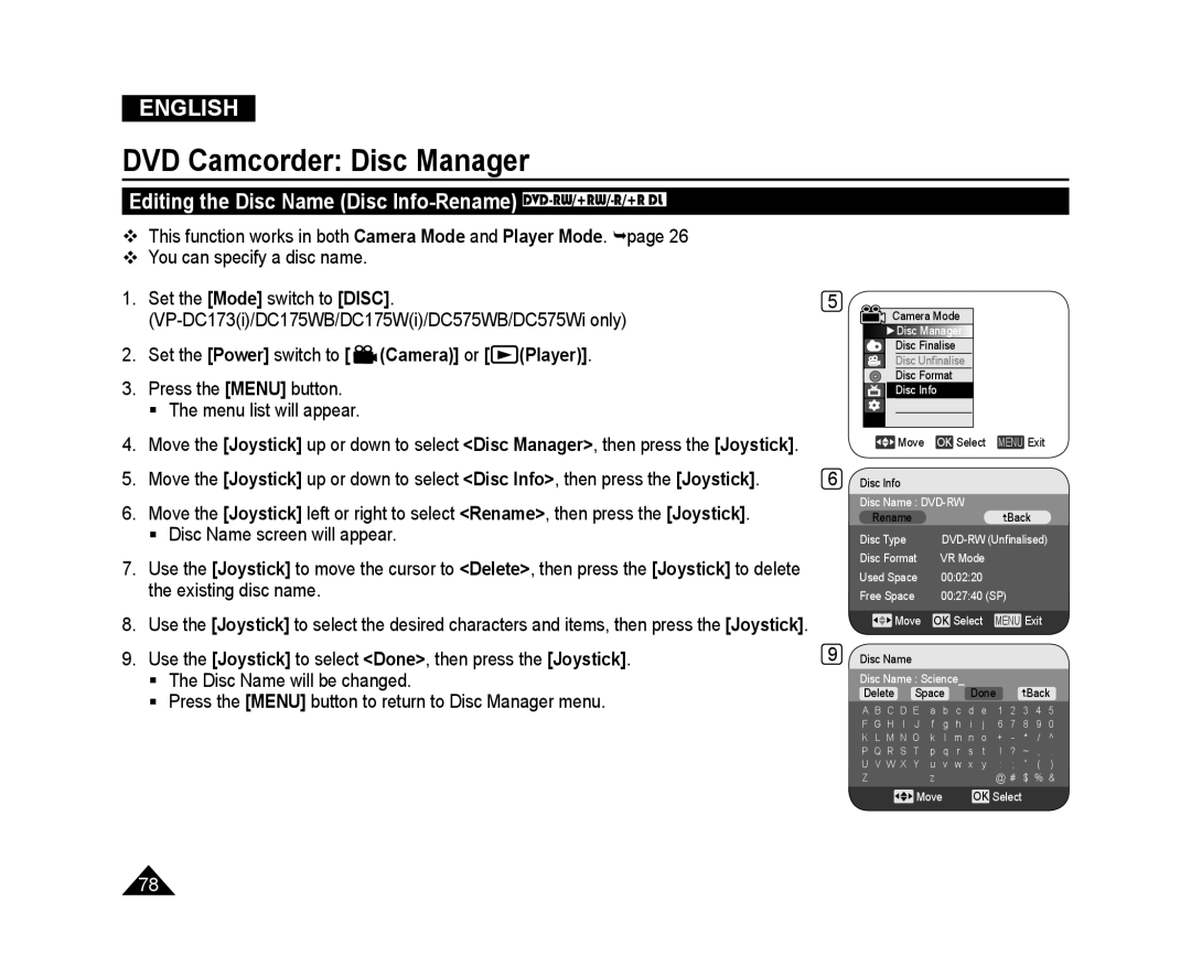 Samsung VP-DC175WB/KNT Editing the Disc Name Disc Info-Rename DVD-RW/+RW/-R/+R DL, DVD Camcorder Disc Manager, English 
