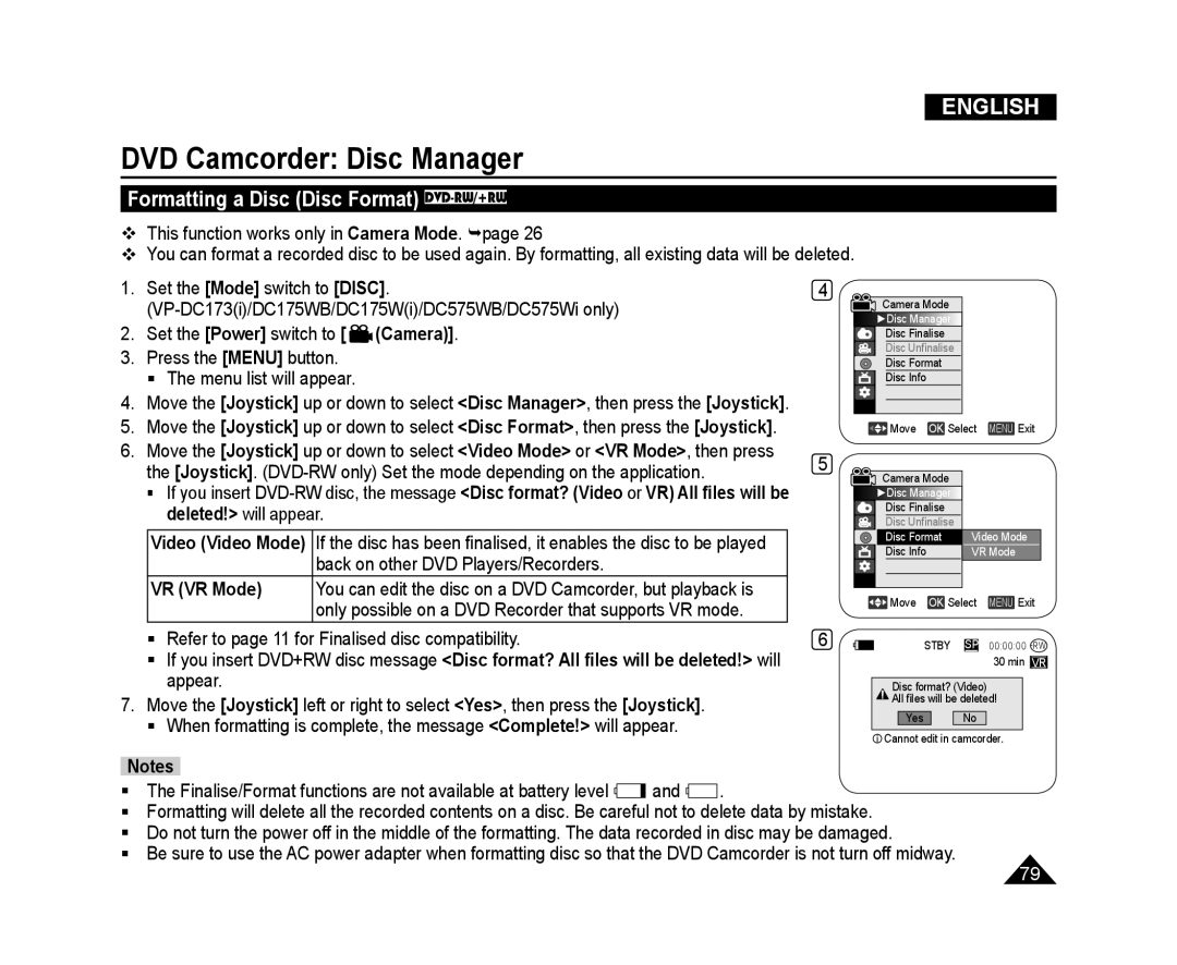 Samsung VP-DC171I/UMG manual Formatting a Disc Disc Format DVD-RW/+RW, VR VR Mode, DVD Camcorder Disc Manager, English 