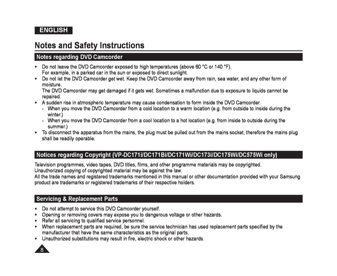 Samsung VP-DC171WB/XEF manual Notes regarding DVD Camcorder, Servicing & Replacement Parts, Notes and Safety Instructions 