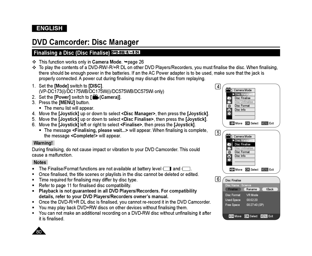 Samsung VP-DC173/KNT, VP-DC575WB/XEF Finalising a Disc Disc Finalise DVD-RW/-R/+R DL, DVD Camcorder Disc Manager, English 