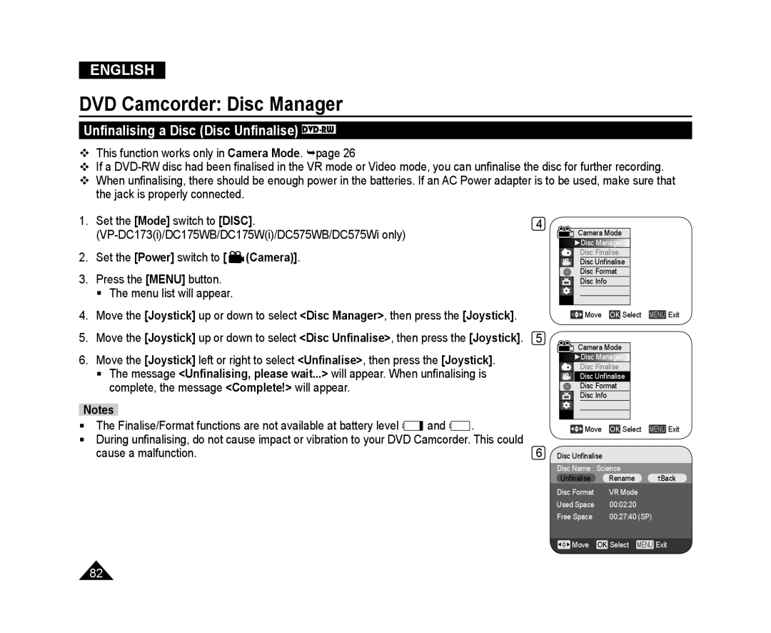 Samsung VP-DC173/CAN, VP-DC575WB/XEF manual Unﬁnalising a Disc Disc Unﬁnalise DVD-RW, DVD Camcorder Disc Manager, English 