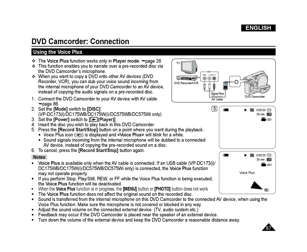 Samsung VP-DC175WB/NWT manual Using the Voice Plus, Set the Power switch to Player, DVD Camcorder Connection, English 