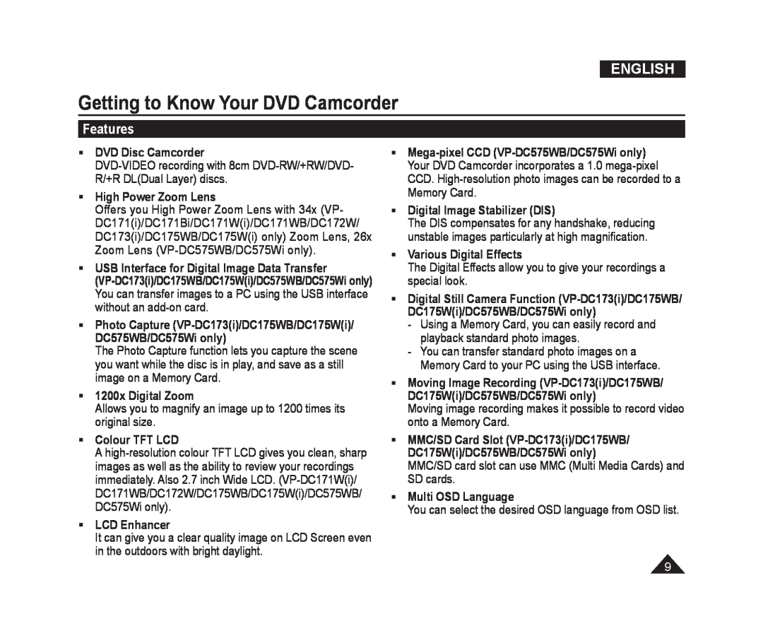 Samsung VP-DC175W/XEF Getting to Know Your DVD Camcorder, Features,  DVD Disc Camcorder,  High Power Zoom Lens, English 