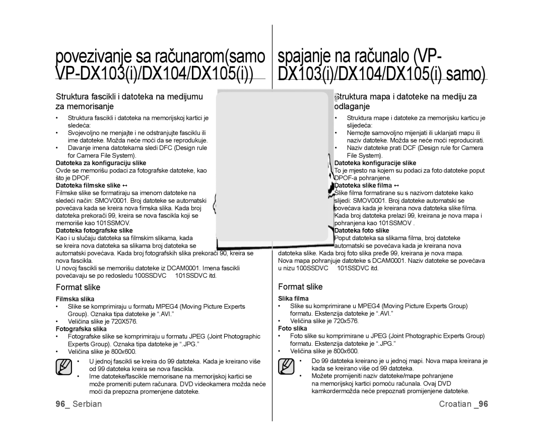 Samsung VP-DX100/EDC, VP-DX105/EDC manual Struktura fascikli i datoteka na medijumu za memorisanje, Format slike 