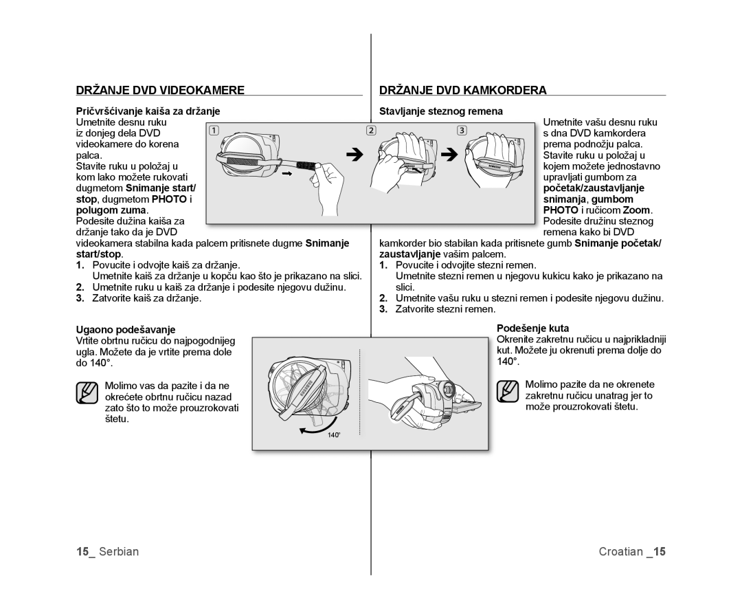 Samsung VP-DX105/EDC, VP-DX100/EDC manual Držanje DVD Videokamere Držanje DVD Kamkordera 