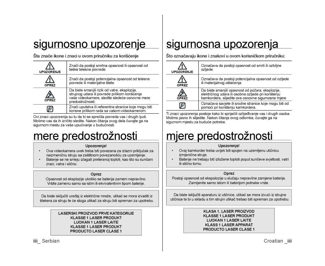 Samsung VP-DX105/EDC manual Sigurnosno upozorenje, Mere predostrožnosti, Sigurnosna upozorenja, Mjere predostrožnosti 