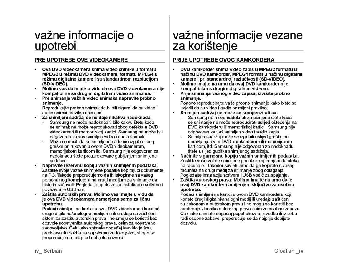 Samsung VP-DX100/EDC Važne informacije o upotrebi, Važne informacije vezane za korištenje, PRE Upotrebe OVE Videokamere 