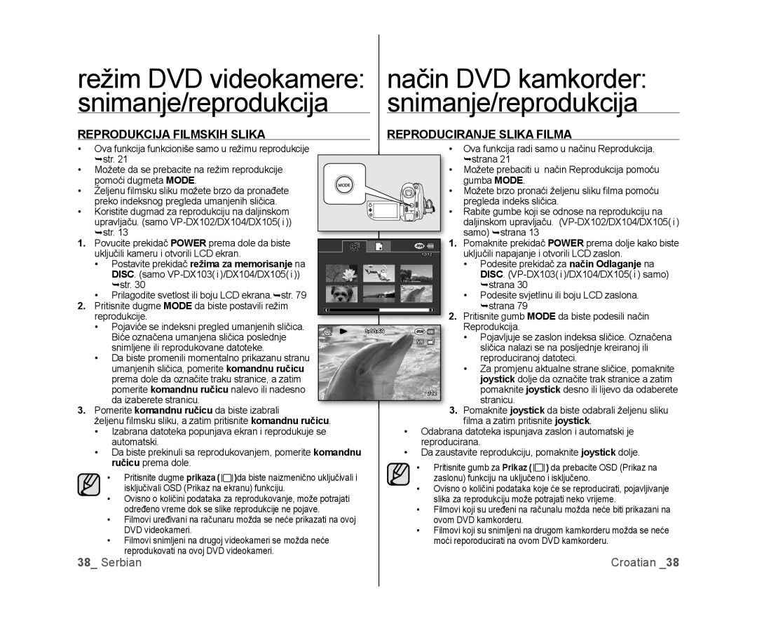 Samsung VP-DX100/EDC, VP-DX105/EDC manual Reprodukcija Filmskih Slika Reproduciranje Slika Filma 