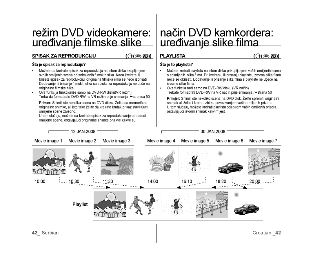 Samsung VP-DX100/EDC manual Način DVD kamkordera, Uređivanje ﬁlmske slike Uređivanje slike ﬁlma, Spisak ZA Reprodukciju 