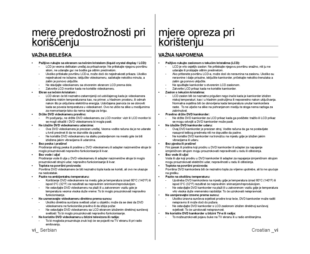 Samsung VP-DX100/EDC manual Mere predostrožnosti pri korišćenju, Mjere opreza pri korištenju, Važna Beleška, Važna Napomena 