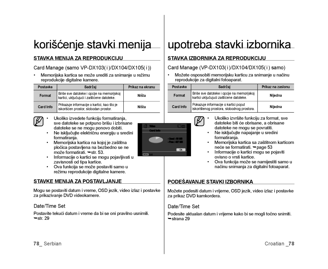 Samsung VP-DX100/EDC manual Stavka Menija ZA Reprodukciju, Stavka Izbornika ZA Reprodukciju, Stavke Menija ZA Postavljanje 