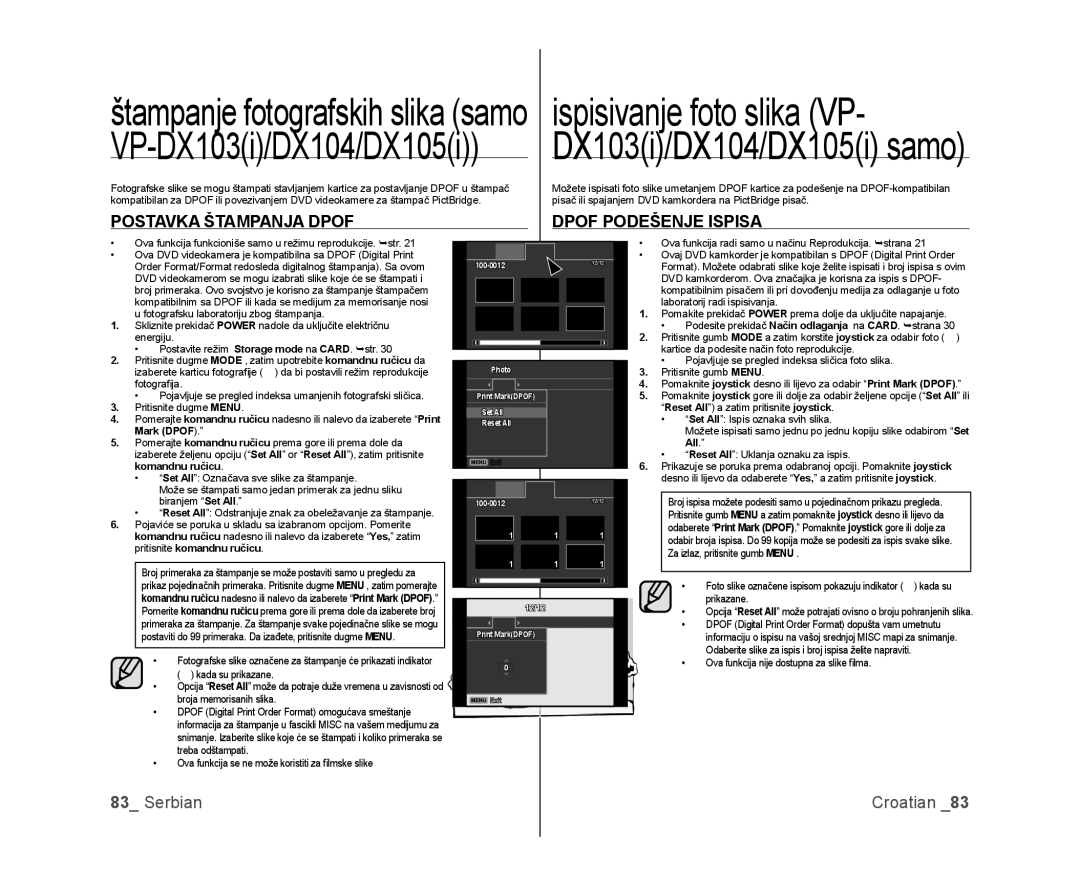 Samsung VP-DX105/EDC Postavka Štampanja Dpof Dpof Podešenje Ispisa, Ova funkcija se ne može koristiti za ﬁ lmske slike 