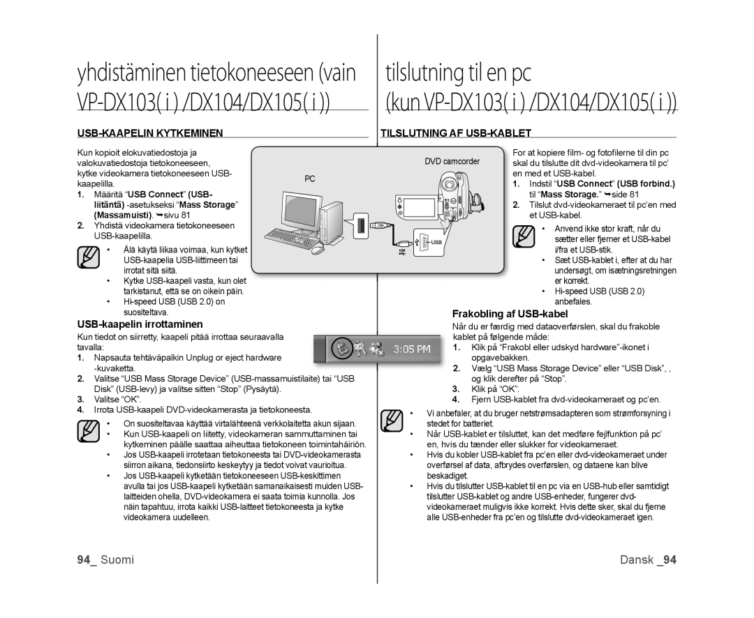 Samsung VP-DX100/XEE manual USB-KAAPELIN Kytkeminen, USB-kaapelin irrottaminen, Tilslutning AF USB-KABLET 