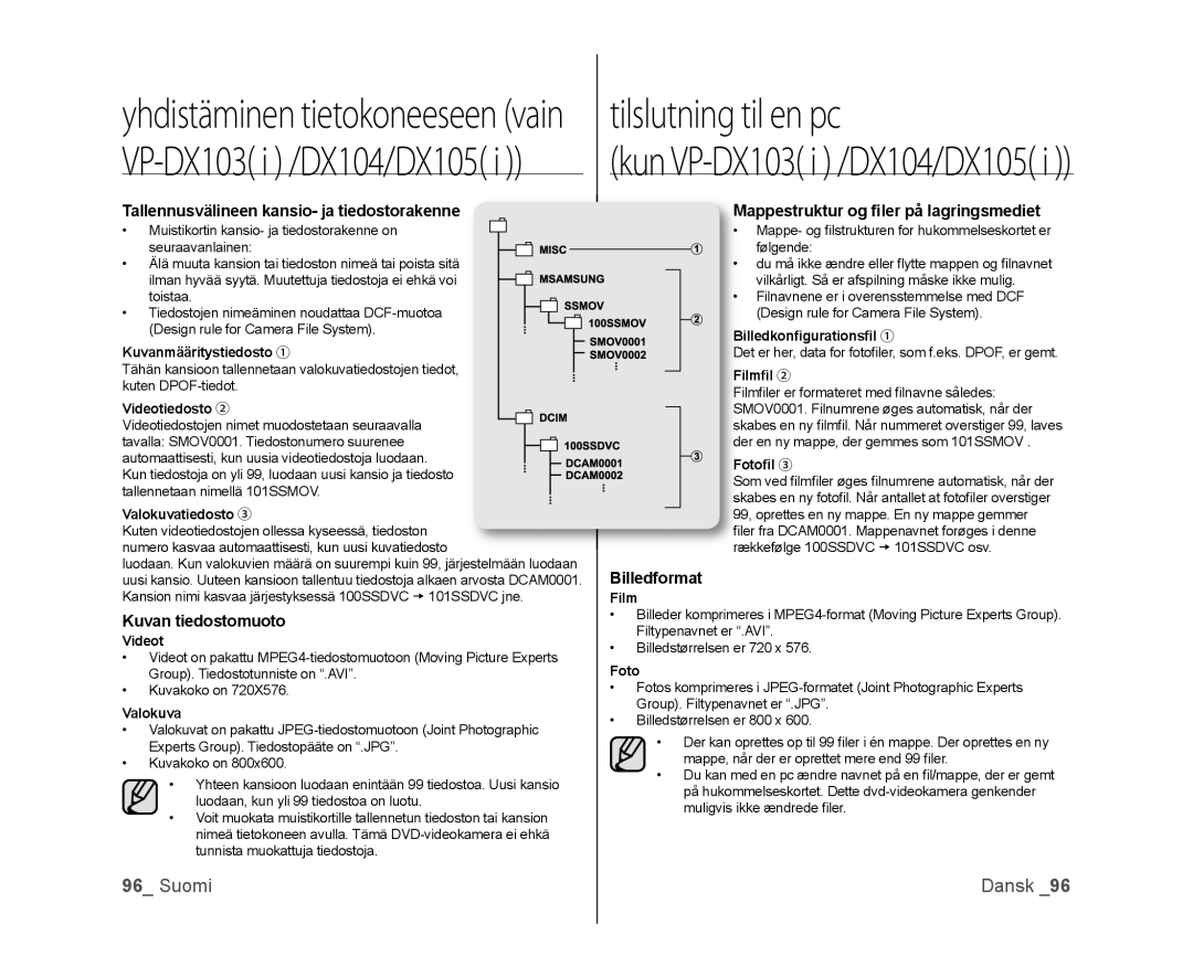 Samsung VP-DX100/XEE manual Tallennusvälineen kansio- ja tiedostorakenne, Kuvan tiedostomuoto, Billedformat 