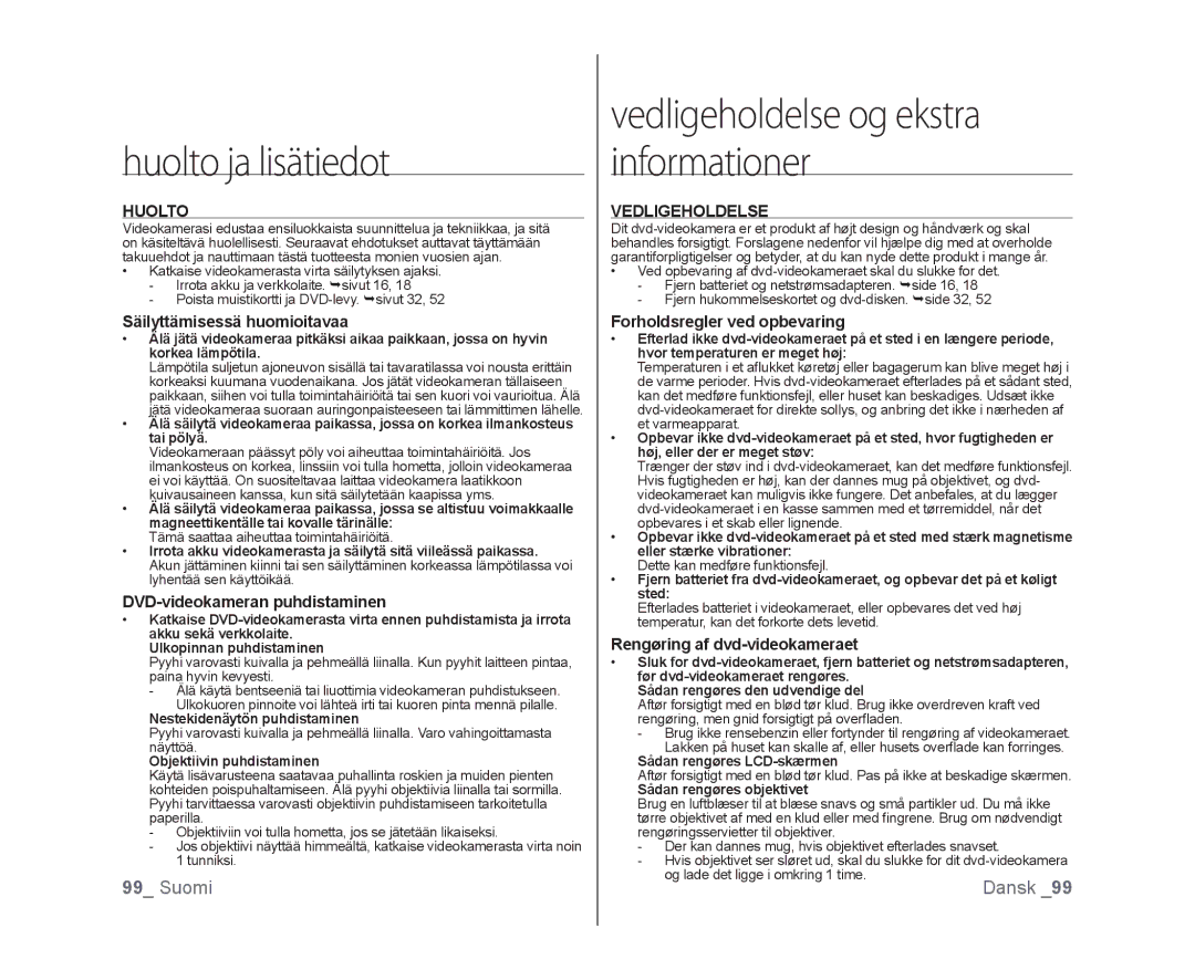 Samsung VP-DX100/XEE manual Huolto ja lisätiedot, Vedligeholdelse og ekstra informationer 