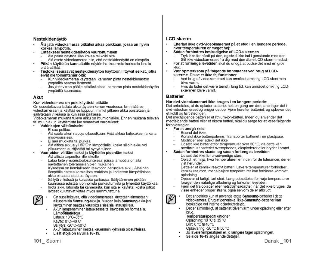 Samsung VP-DX100/XEE manual Nestekidenäyttö, Akut, LCD-skærm, Batterier 