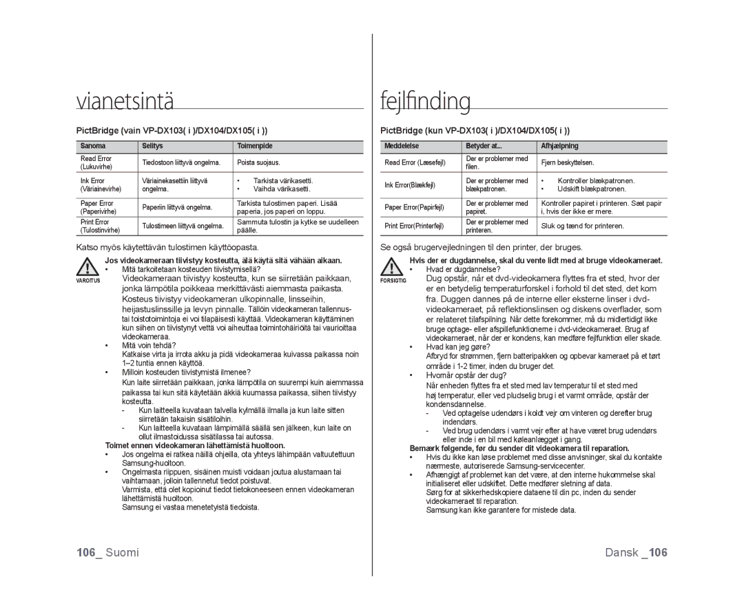 Samsung VP-DX100/XEE manual PictBridge vain VP-DX103 i /DX104/DX105, Katso myös käytettävän tulostimen käyttöopasta 