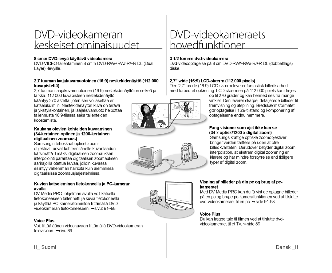 Samsung VP-DX100/XEE manual tomme dvd-videokamera, Wide 169 LCD-skærm 112.000 pixels, Voice Plus 