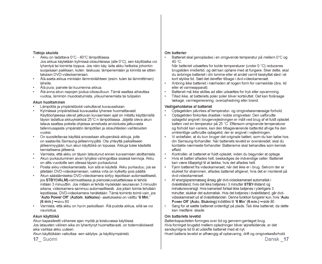Samsung VP-DX100/XEE manual Tietoja akuista, Akun huoltaminen, Akun käyttöikä, Om batterier, Vedligeholdelse af batteriet 