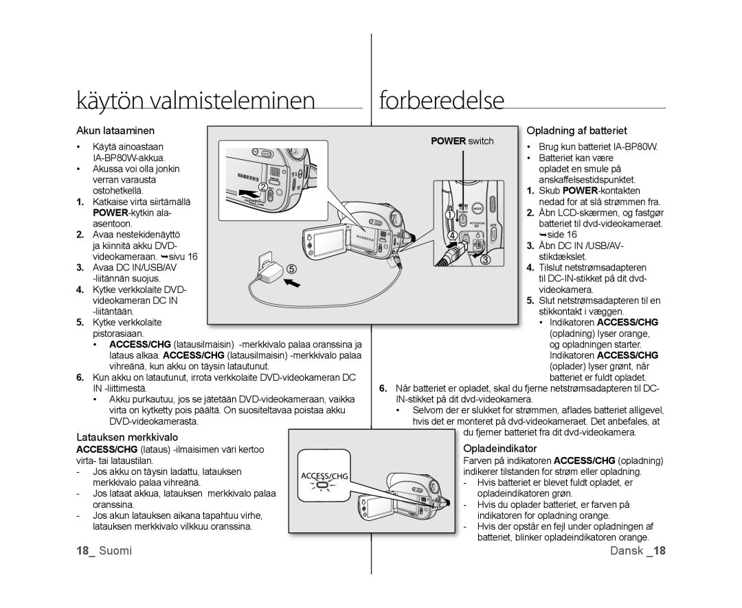 Samsung VP-DX100/XEE manual Latauksen merkkivalo, Power switch 