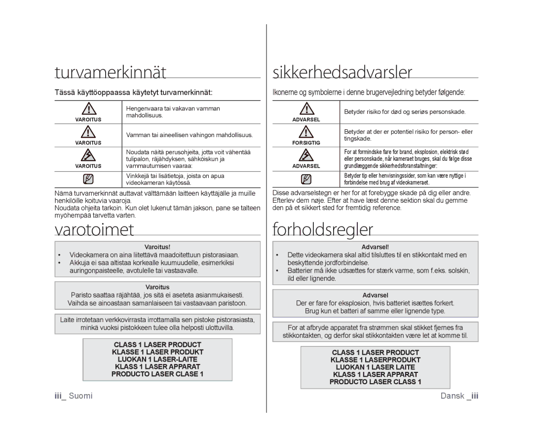 Samsung VP-DX100/XEE manual Turvamerkinnät, Varotoimet, Sikkerhedsadvarsler, Forholdsregler 