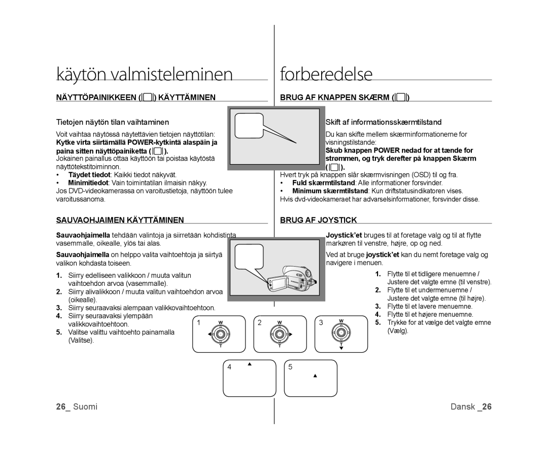 Samsung VP-DX100/XEE Näyttöpainikkeen Käyttäminen, Sauvaohjaimen Käyttäminen, Brug AF Knappen Skærm, Brug AF Joystick 