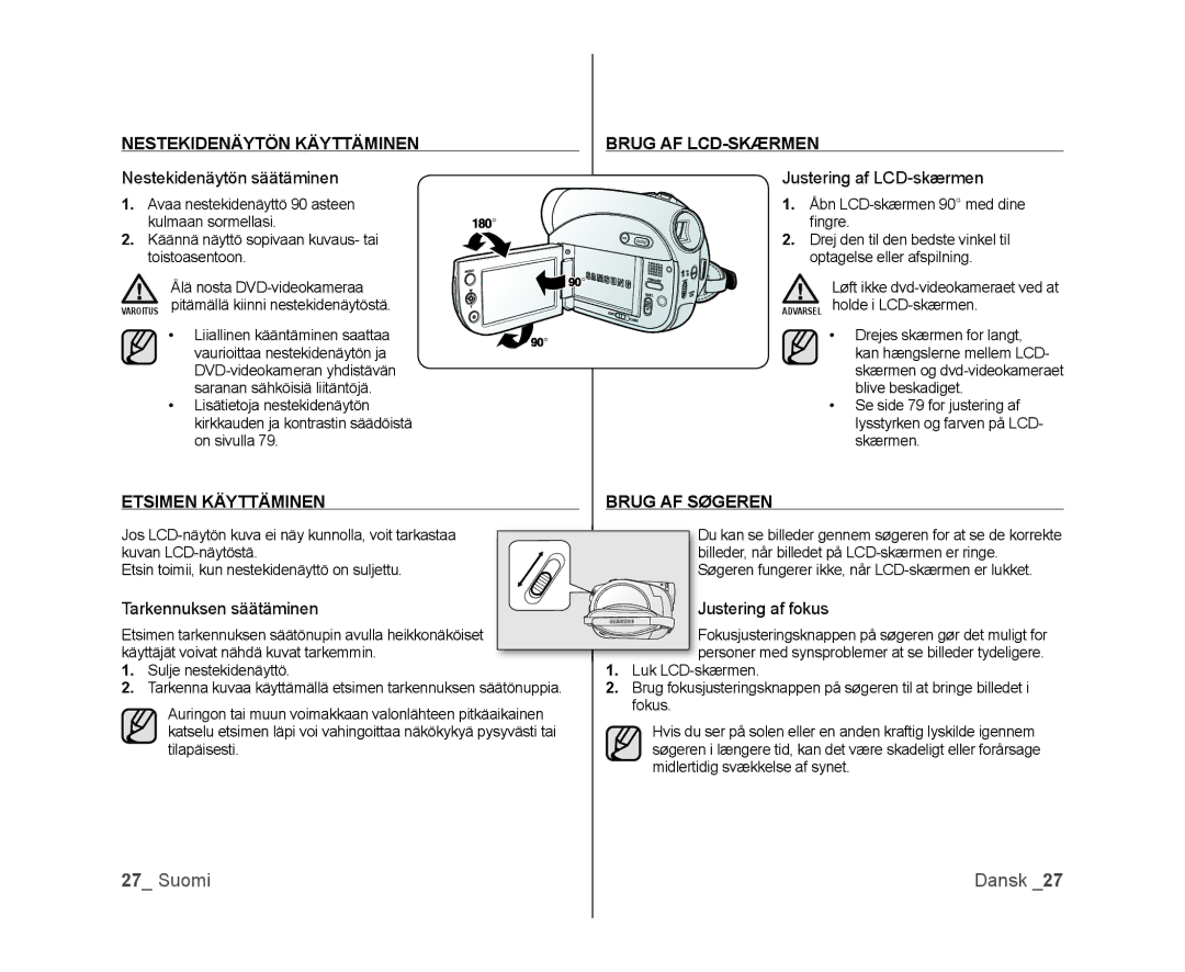 Samsung VP-DX100/XEE manual Nestekidenäytön Käyttäminen, Brug AF LCD-SKÆRMEN, Etsimen Käyttäminen Brug AF Søgeren 