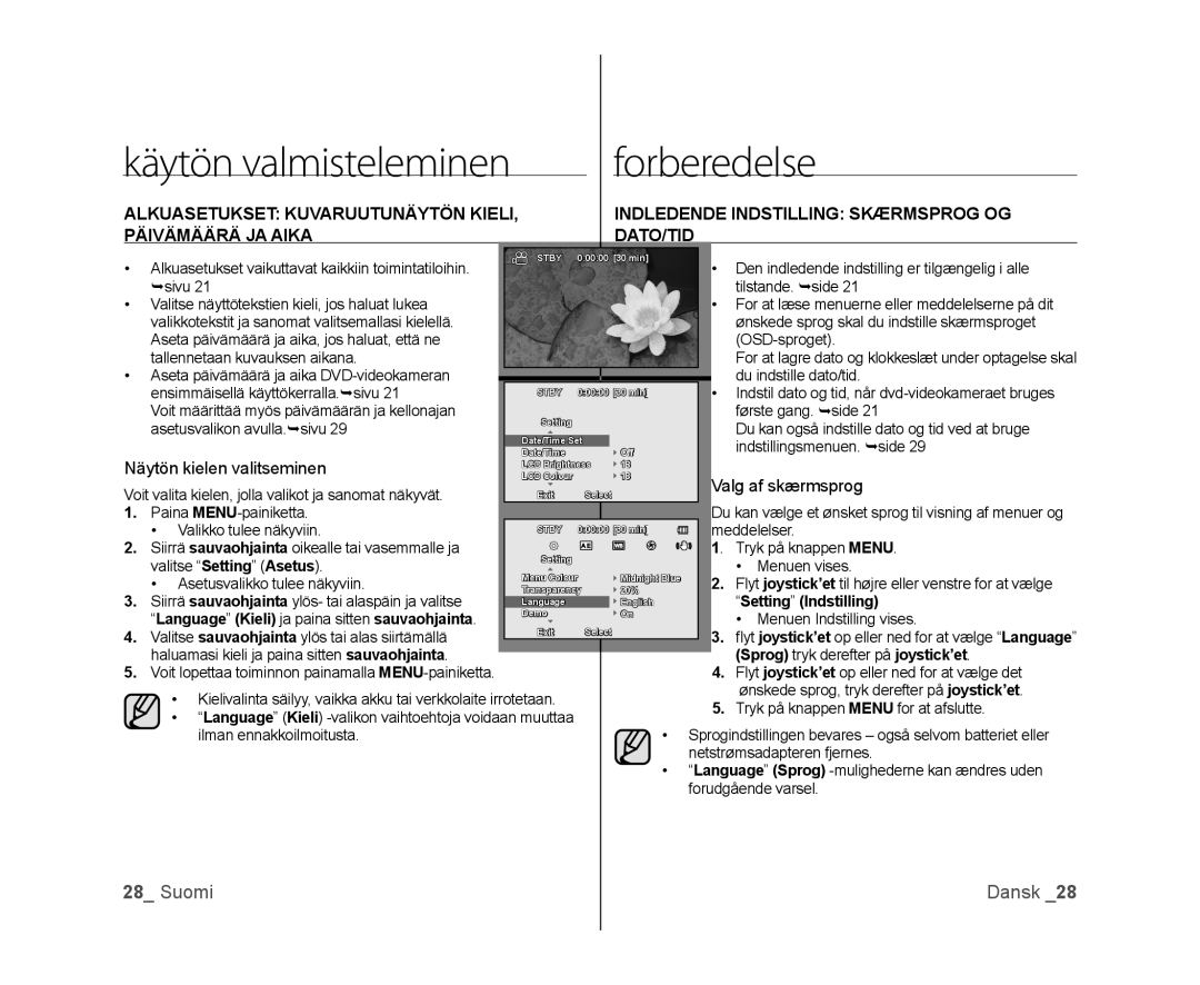 Samsung VP-DX100/XEE manual Näytön kielen valitseminen, Valg af skærmsprog, Setting Indstilling 