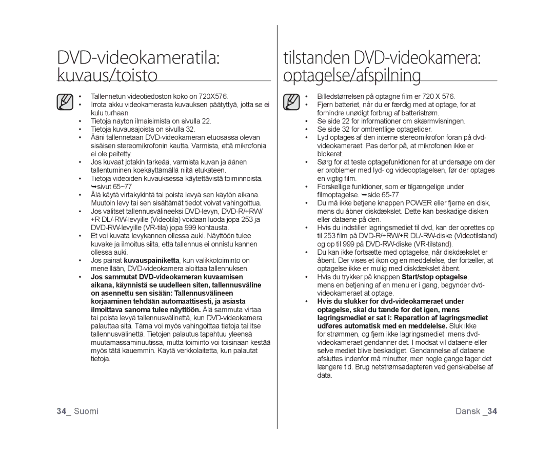 Samsung VP-DX100/XEE manual DVD-videokameratila kuvaus/toisto 